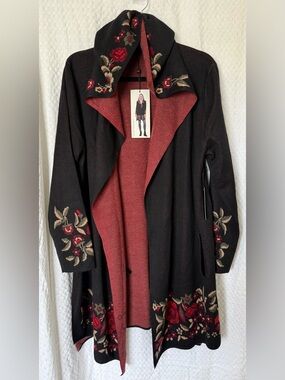 Max Studio Sport Black Red Floral Knit Cardigan Coat XL NWT